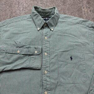 Ralph Lauren Big Oxford Shirt Men L Green Blue Plaid OCBD Long Sleeve